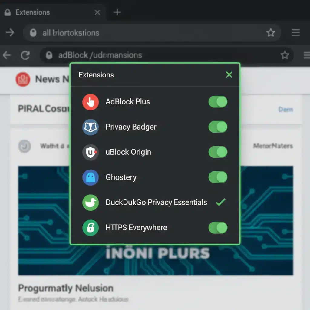 Browser extensions for ad blocking and privacy active in a web browser.