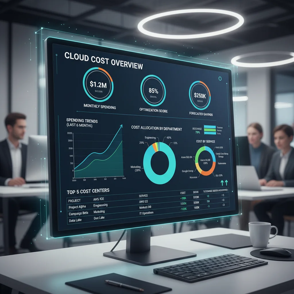 Cloud cost management dashboard showing utilization and spending metrics.
