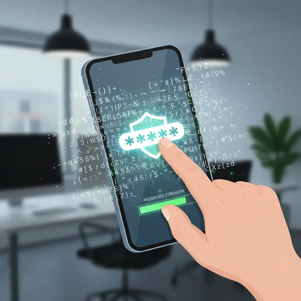Person creating a strong password on a smartphone, showing complexity.