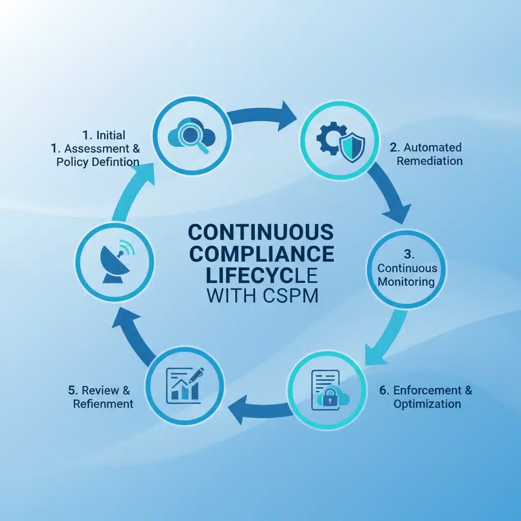 Continuous compliance lifecycle with CSPM: assessment, remediation, monitoring, reporting