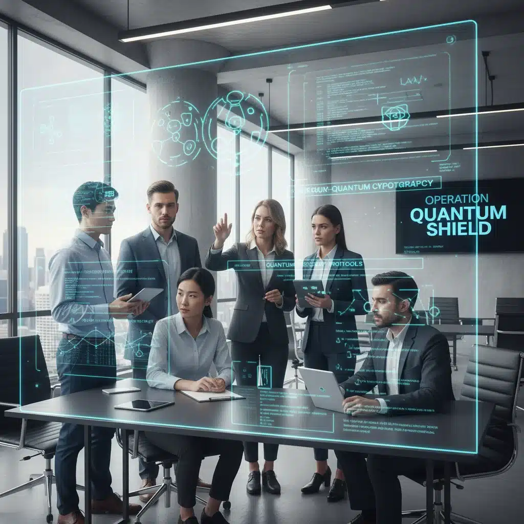 Cybersecurity team collaborating on quantum-safe strategies and future defense.