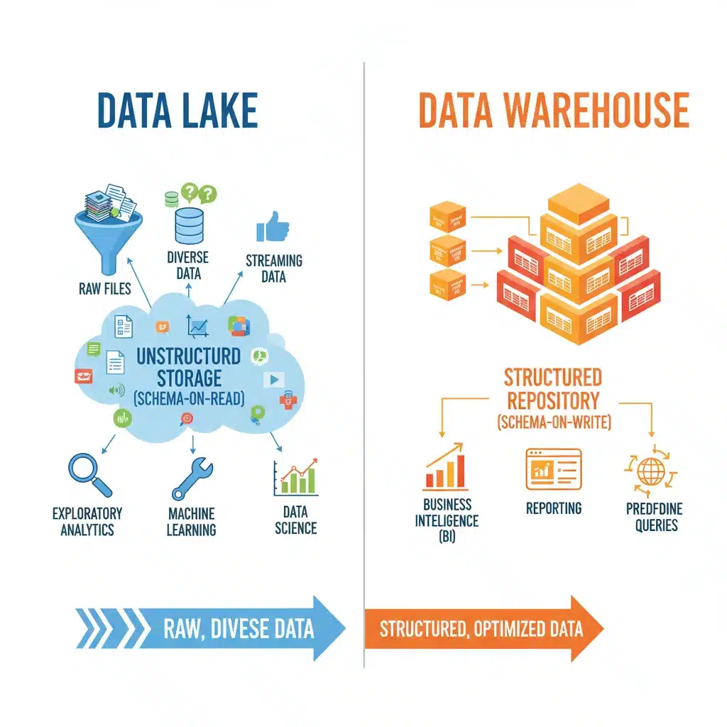 Architectural comparison of a data lake and data warehouse, illustrating data flow, storage, and processing differences in a cloud environment.
