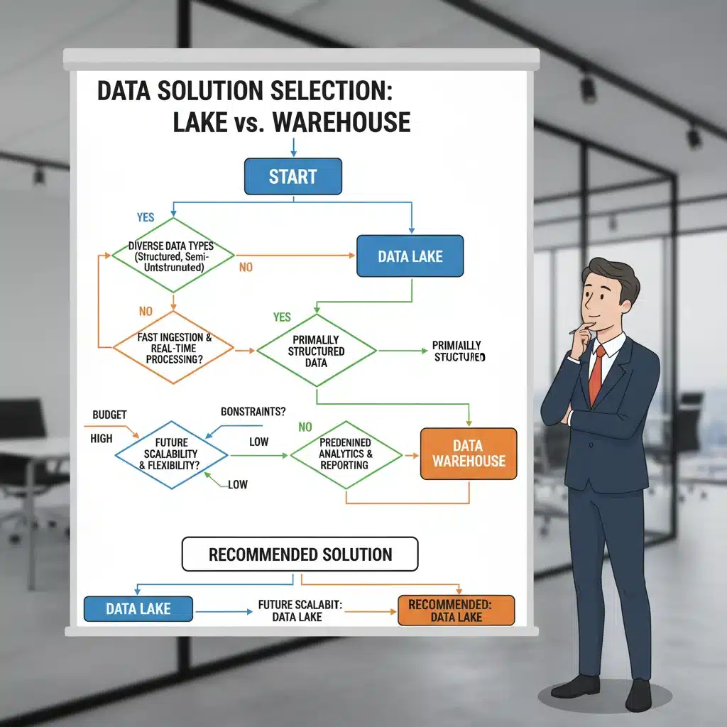 Decision-making flowchart for selecting between cloud data lakes and data warehouses based on business requirements, data characteristics, and strategic goals.
