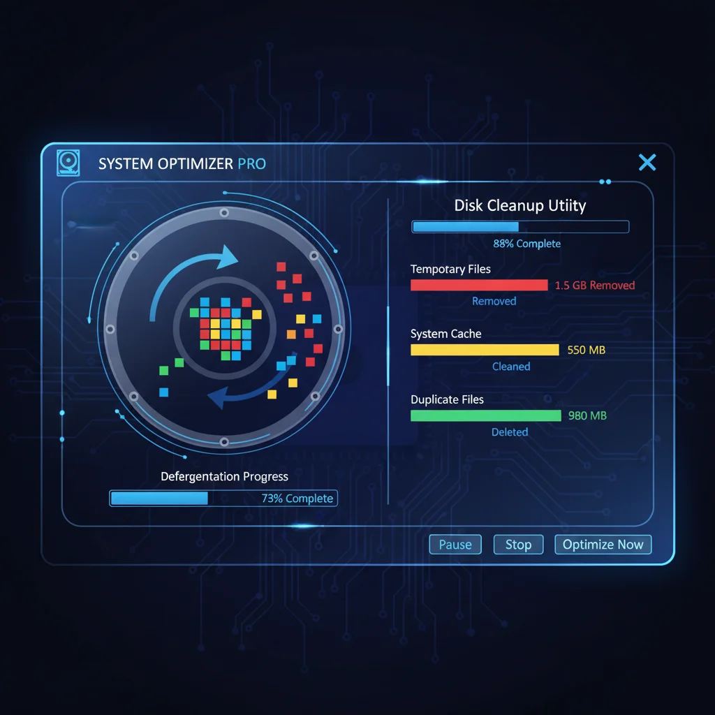 Software interface showing disk defragmentation and cleanup