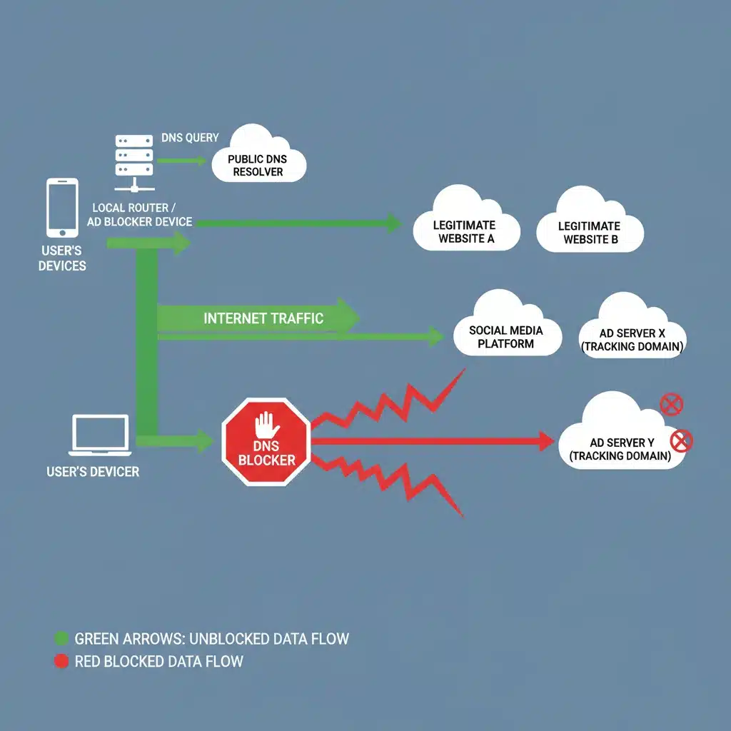 Network diagram showing DNS-level ad blocking preventing connections to tracking domains.
