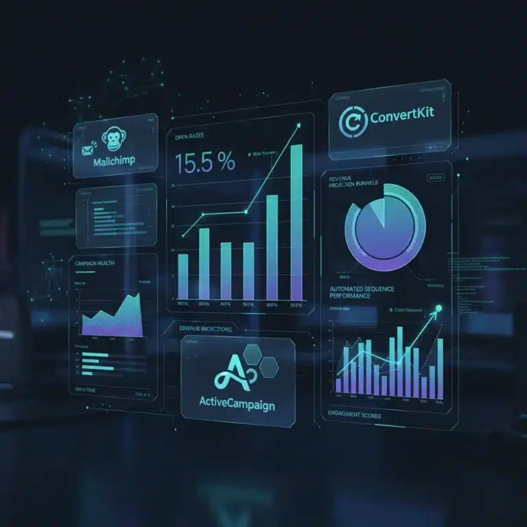 Advanced email automation dashboard with Mailchimp, ConvertKit, ActiveCampaign logos