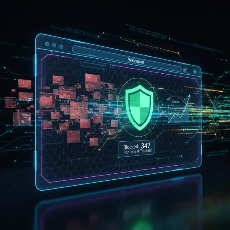 Shield icon blocking ads and trackers in a futuristic browser for faster internet.