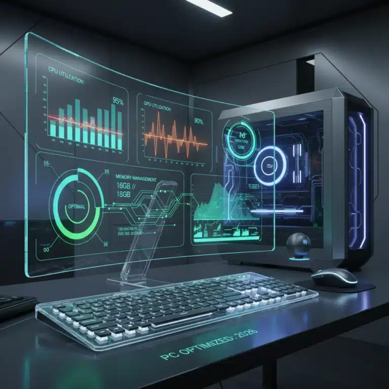 Futuristic PC setup showing optimized performance metrics