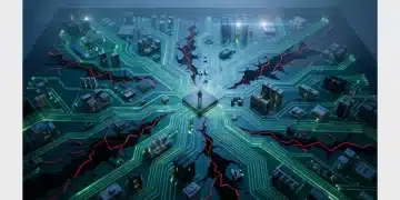 A bird's-eye view of a fragmented digital metropolis diorama, showing glowing green circuit board pathways, some fractured with red breach lines, symbolizing the complex and vulnerable modern cyber threat landscape with a lone figure observing.