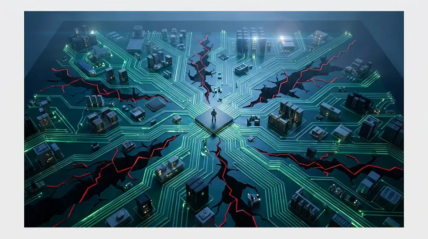 A bird's-eye view of a fragmented digital metropolis diorama, showing glowing green circuit board pathways, some fractured with red breach lines, symbolizing the complex and vulnerable modern cyber threat landscape with a lone figure observing.