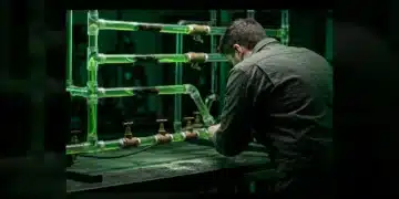 Unlocking Efficiency: A Data-Driven Guide to Optimizing Your Tech Stack A person observing a complex system of interconnected pipes with glowing green fluid, some constricted, representing tech stack interdependencies and bottlenecks. Shot in dramatic chiaroscuro with green light.