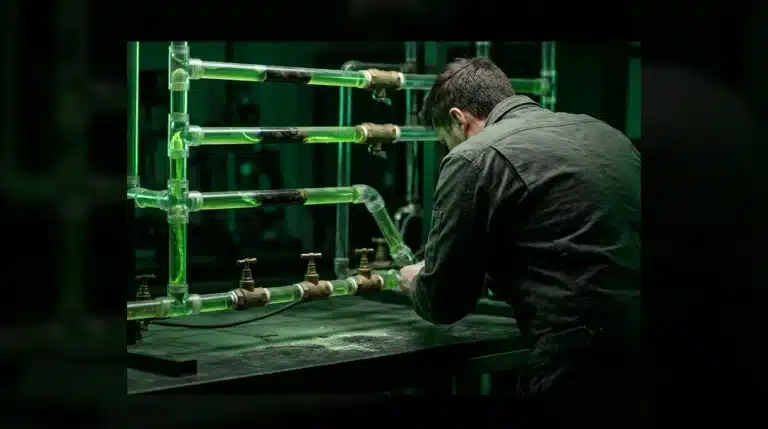 A person observing a complex system of interconnected pipes with glowing green fluid, some constricted, representing tech stack interdependencies and bottlenecks. Shot in dramatic chiaroscuro with green light.