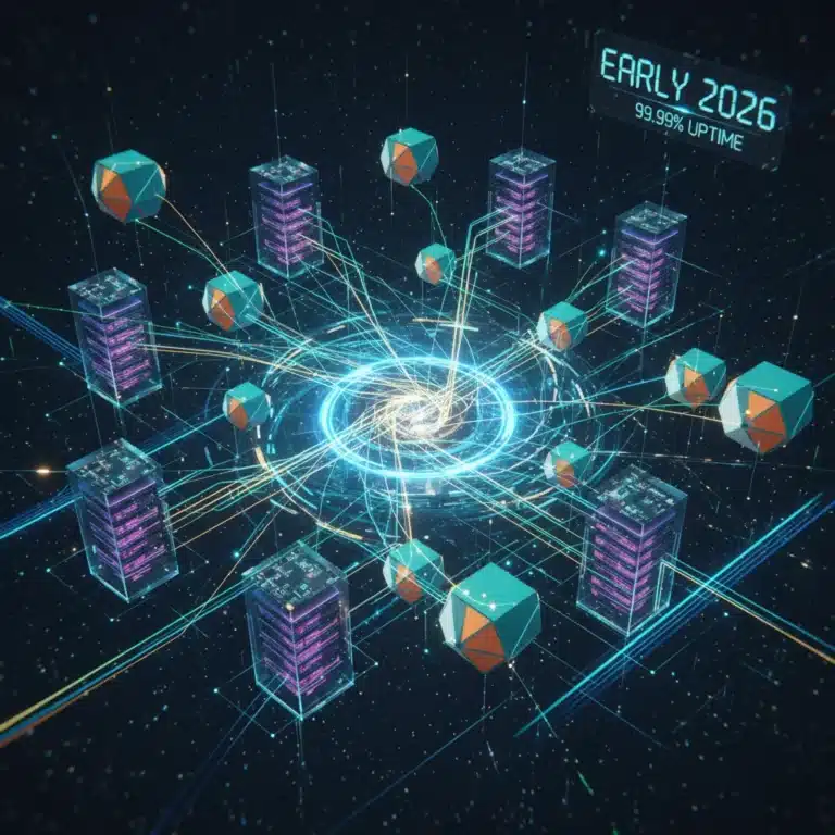 Abstract illustration of Kubernetes pods and cloud infrastructure ensuring high availability and scalability.
