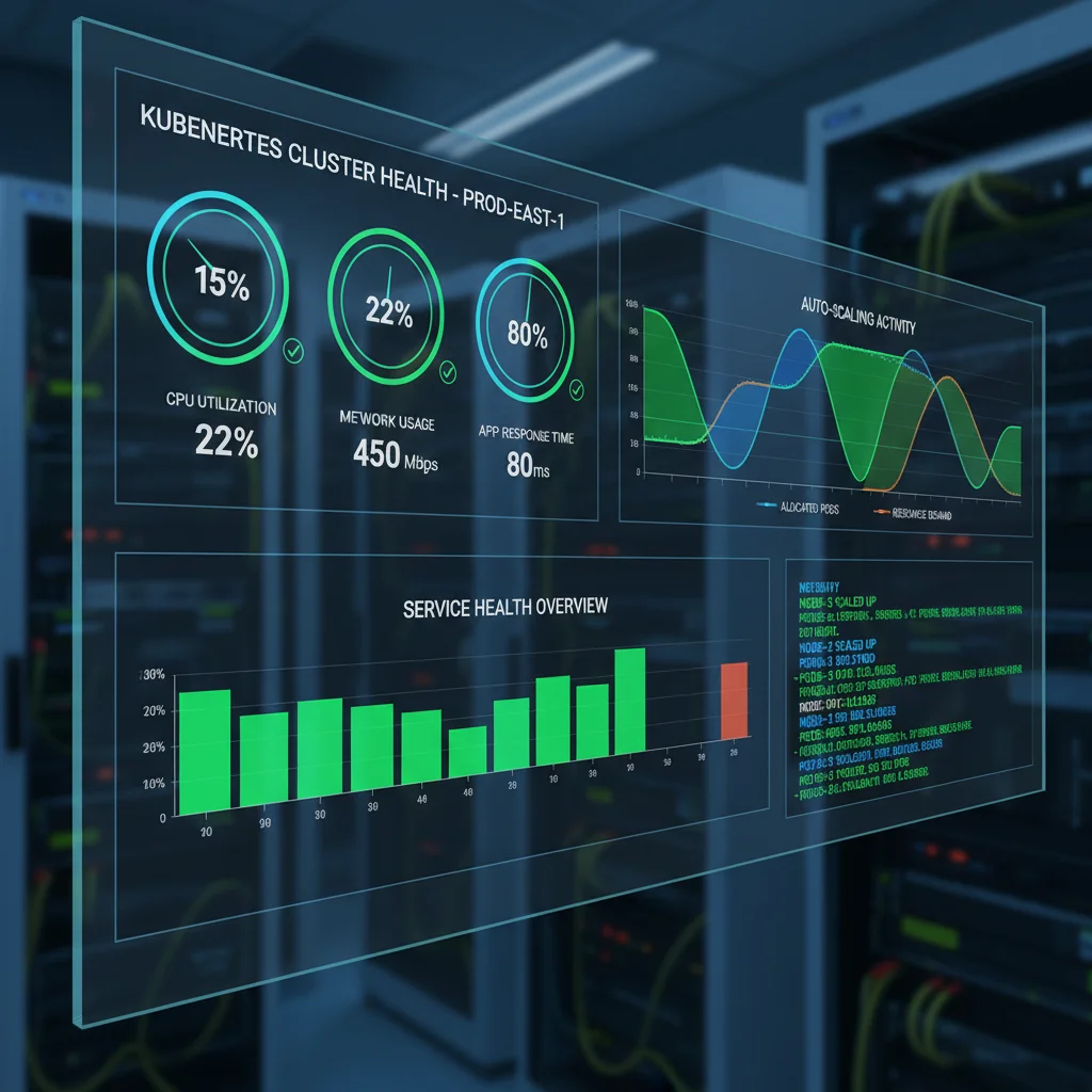 Real-time Kubernetes monitoring dashboard showing resource utilization and auto-scaling in action.