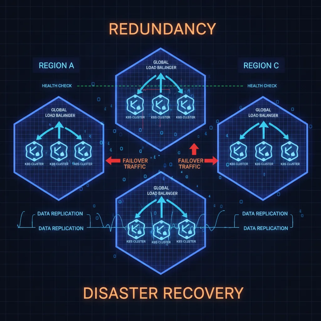 Network diagram illustrating multi-region Kubernetes deployment for disaster recovery and redundancy.