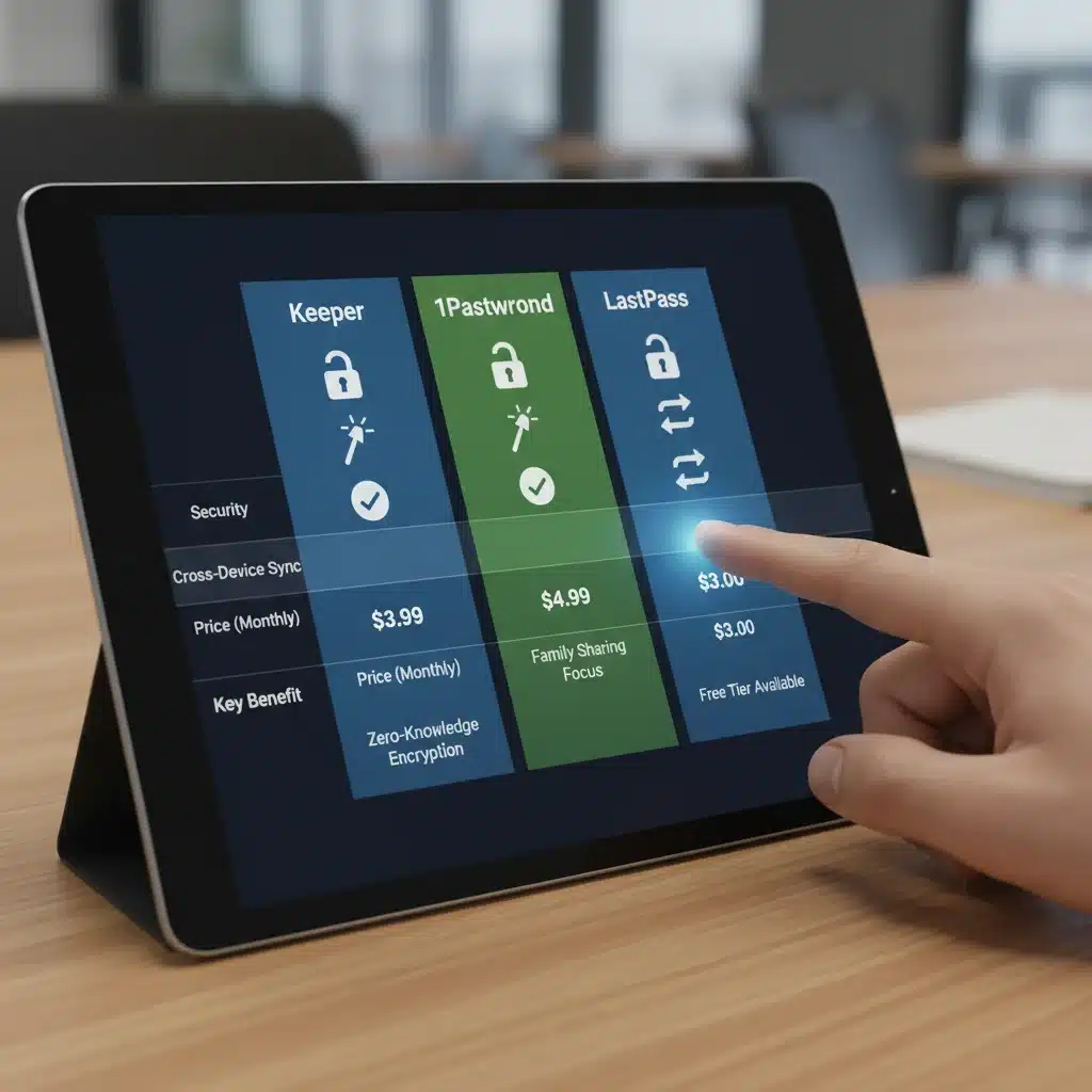 Comparison of top password manager features on a tablet screen.
