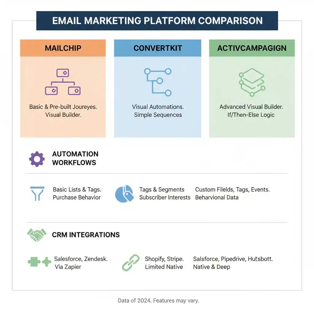 Feature comparison infographic of Mailchimp, ConvertKit, ActiveCampaign