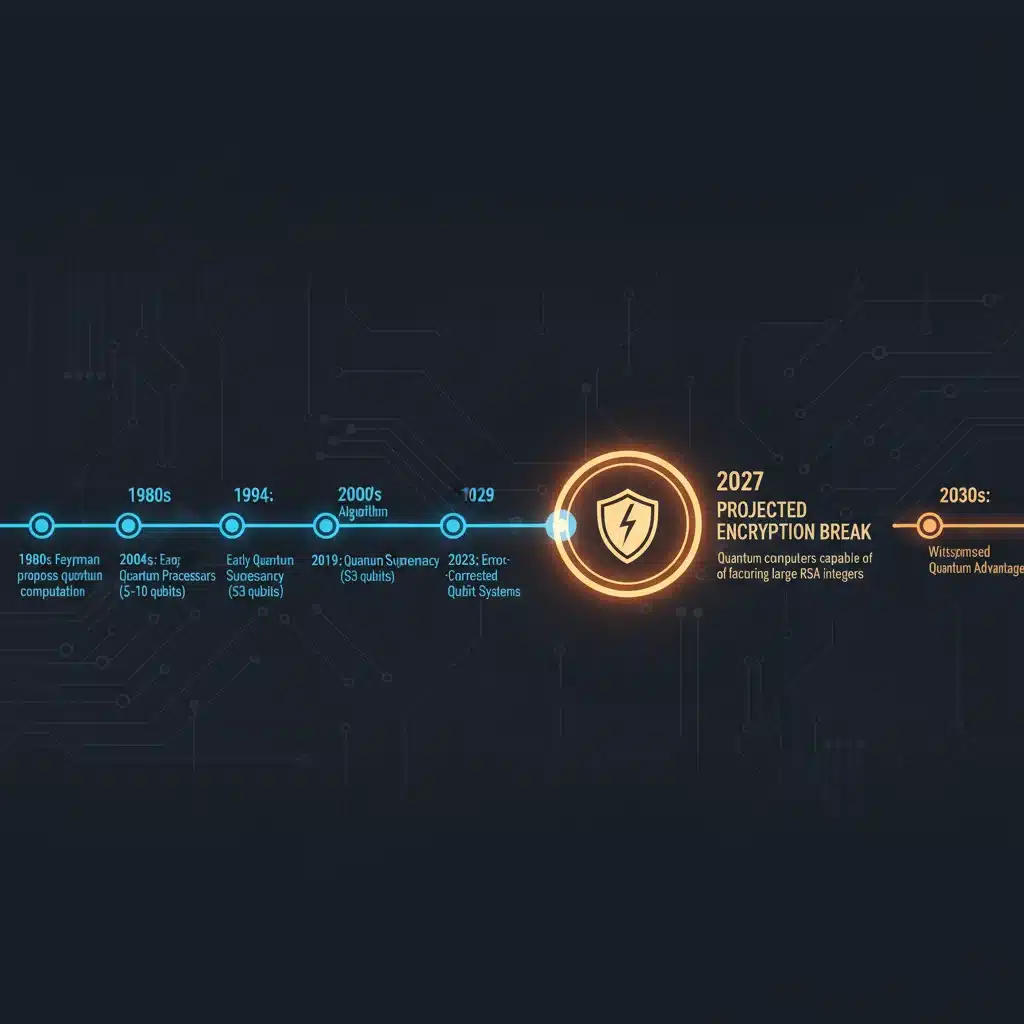 Timeline showing quantum computing progress and cryptographic breaking points.